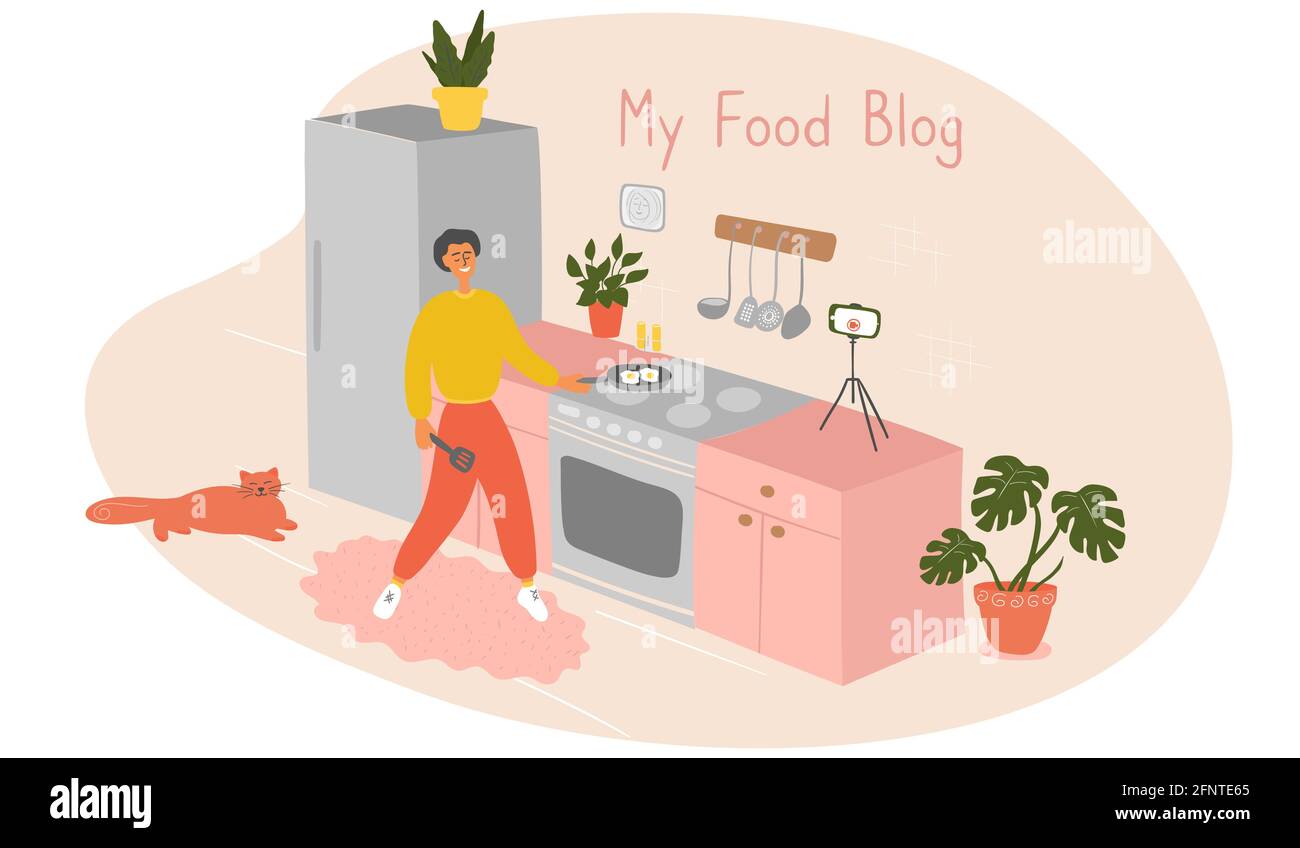Food blogger prepare food in kitchen live. Video online cook tutorials. Man shares recipes with followers. Male influencer filming lesson on camera Stock Vector