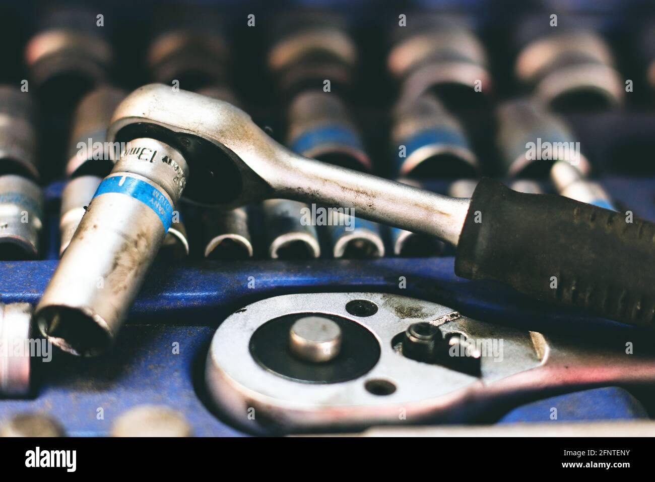 A set of automotive tools. Socket heads. Socket wrench. Repairs Stock