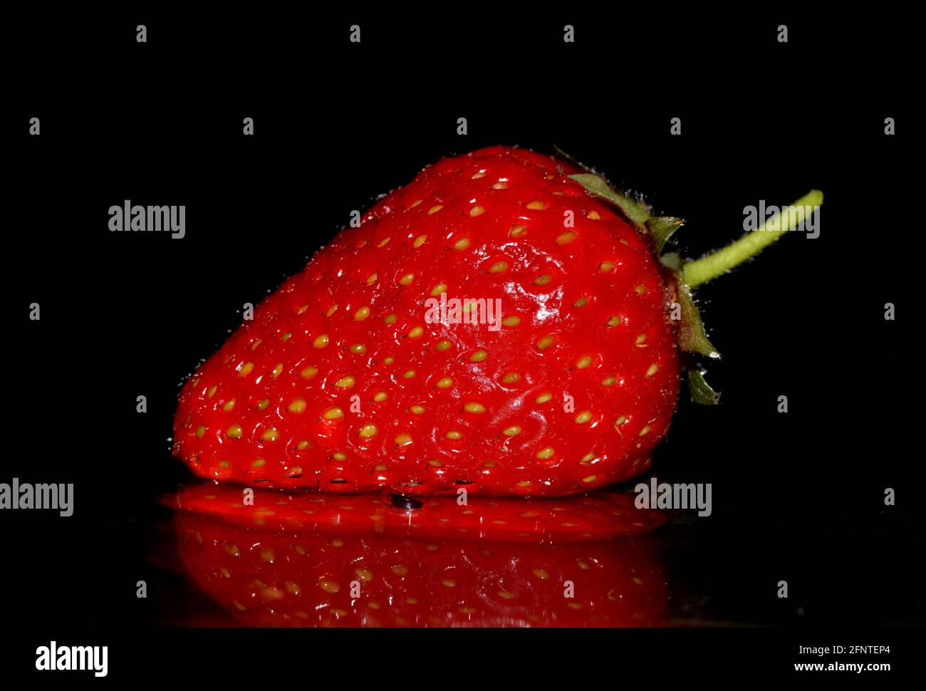 single fresh red ripe strawberries isolated on a black background with ...