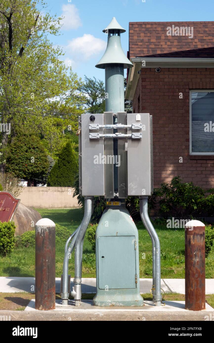A Con Ed Gas Rectifier Post -   a strange futuristic unusual structure In Flushing, Queens, New York City. Stock Photo
