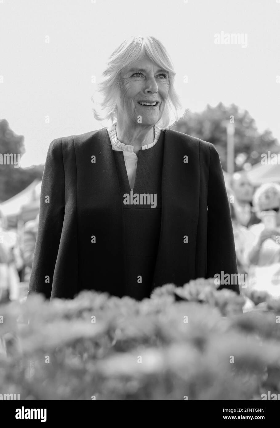 The Duchess of Cornwall during a visit to Bangor Market where she walked around and meeting stall holders at the open-air market. Picture date: Wednesday May 19, 2021. Stock Photo