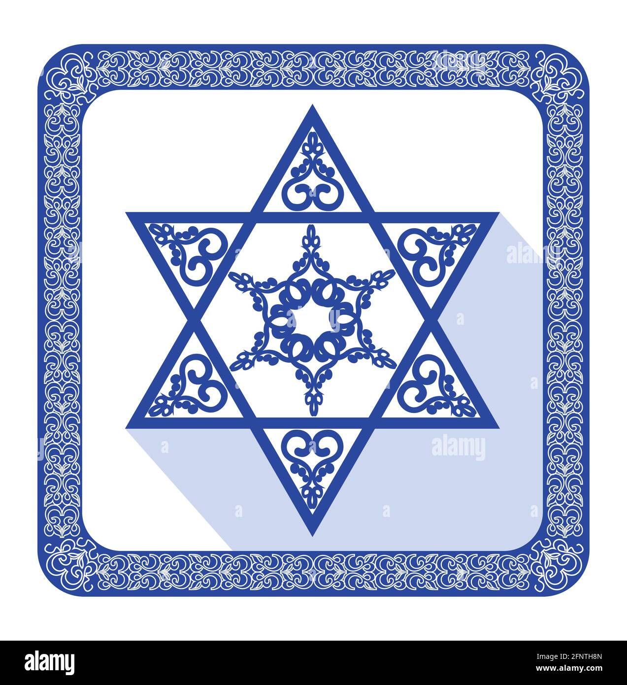 Star of David decoration tile with geometric vintage yew ornament in blue design, eps10 vector. Religious motif in modern flat design with long shadow Stock Vector
