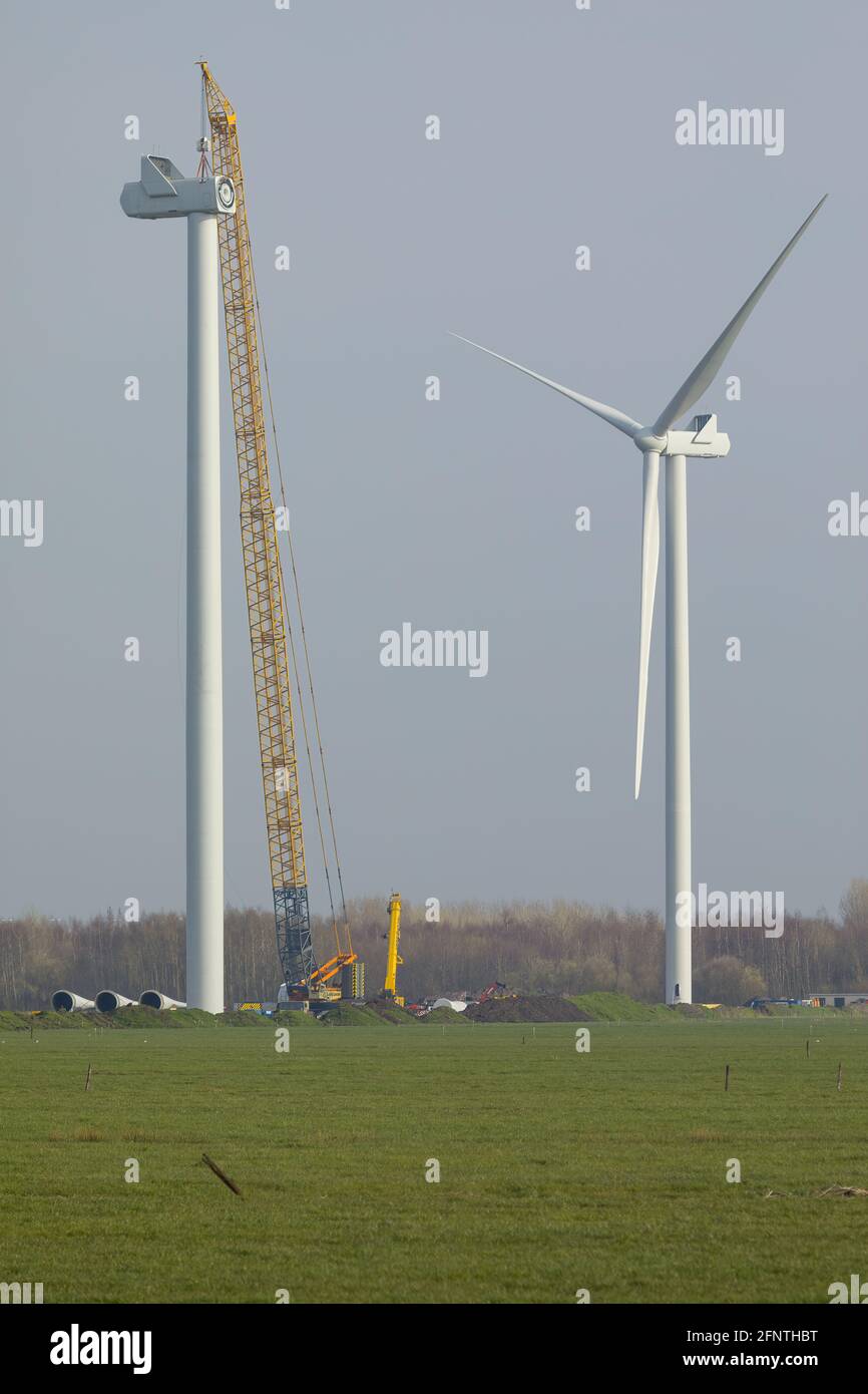 A crawler crane is hoisting the nacelle of a new wind turbine Stock Photo