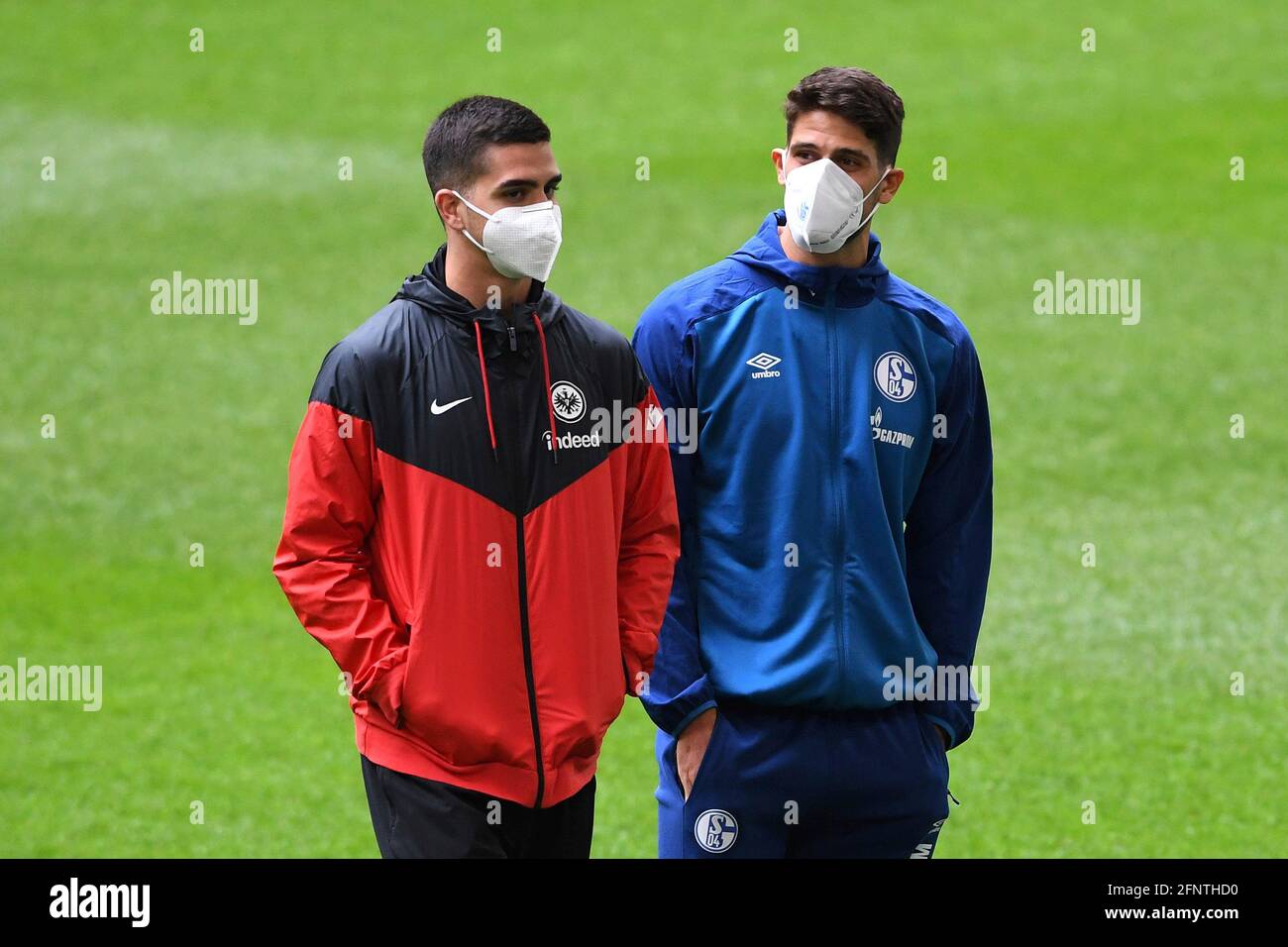 left to right Andre SILVA (F), Goncalo PACIENCIA (GE) before the game, Soccer 1. Bundesliga, 33rd matchday, FC Schalke 04 (GE) - Eintracht Frankfurt (F) 4: 3, on May 15, 2021 in Gelsenkirchen/Germany. # DFL regulations prohibit any use of photographs as image sequences and/or quasi-video ¬ Stock Photo