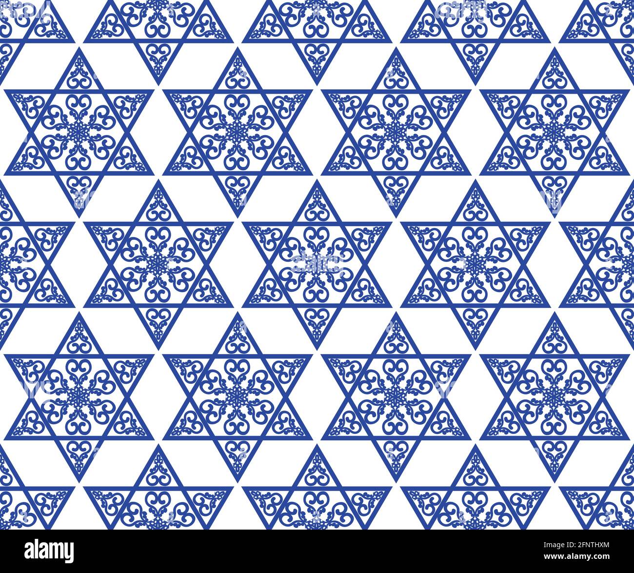 Star of David decoration tile with geometric vintage yew ornament in blue design, eps10 vector. Religious motif seamless background. Stock Vector
