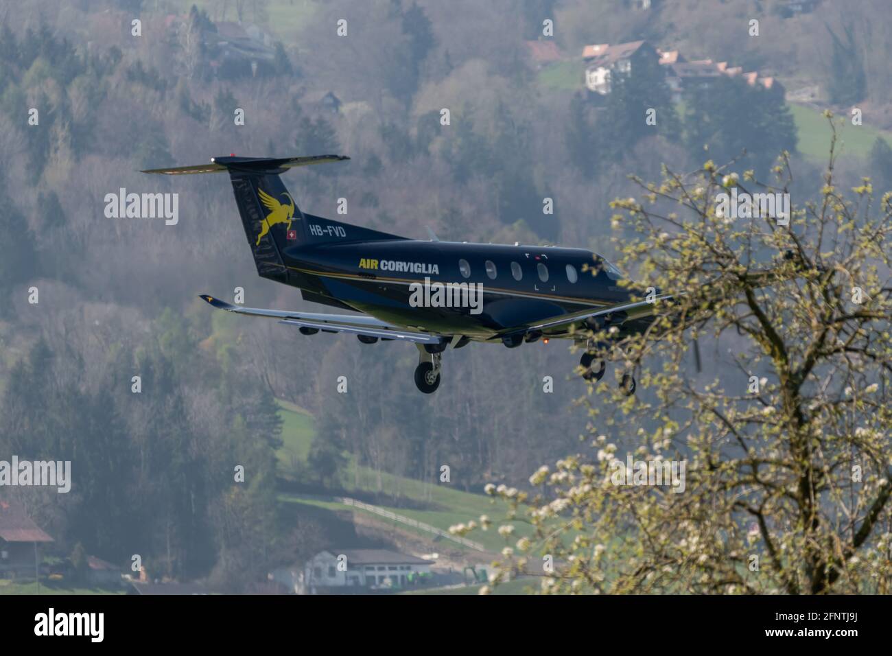 Pilatus PC-12 aircraft is arriving at the airport Saint Gallen Altenrhein in Switzerland 21.4.2021 Stock Photo