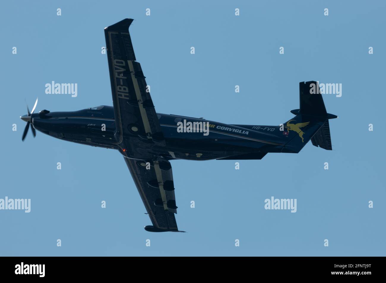 Pilatus PC-12 aircraft is departing from the airport Saint Gallen Altenrhein in Switzerland 21.4.2021 Stock Photo
