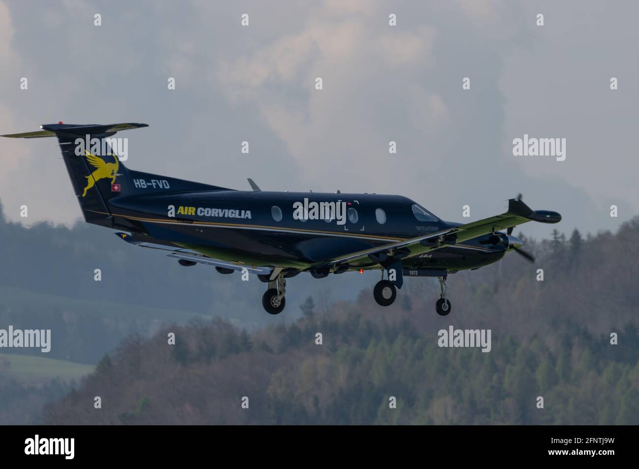 Pilatus PC-12 aircraft is arriving at the airport Saint Gallen Altenrhein in Switzerland 21.4.2021 Stock Photo