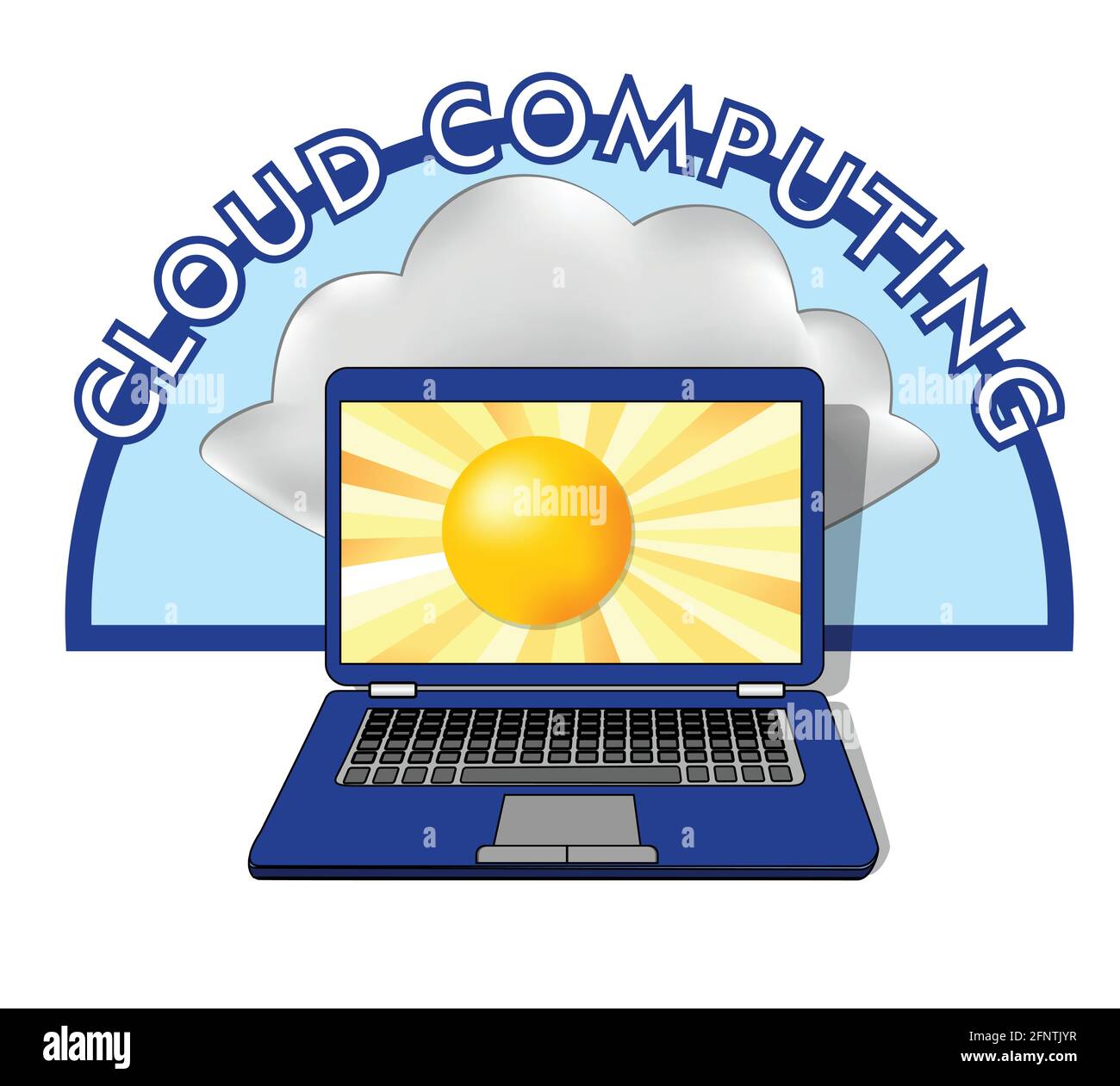 Cloud computing emblem with laptop, on display sun and behind display a natural cloud Stock Vector