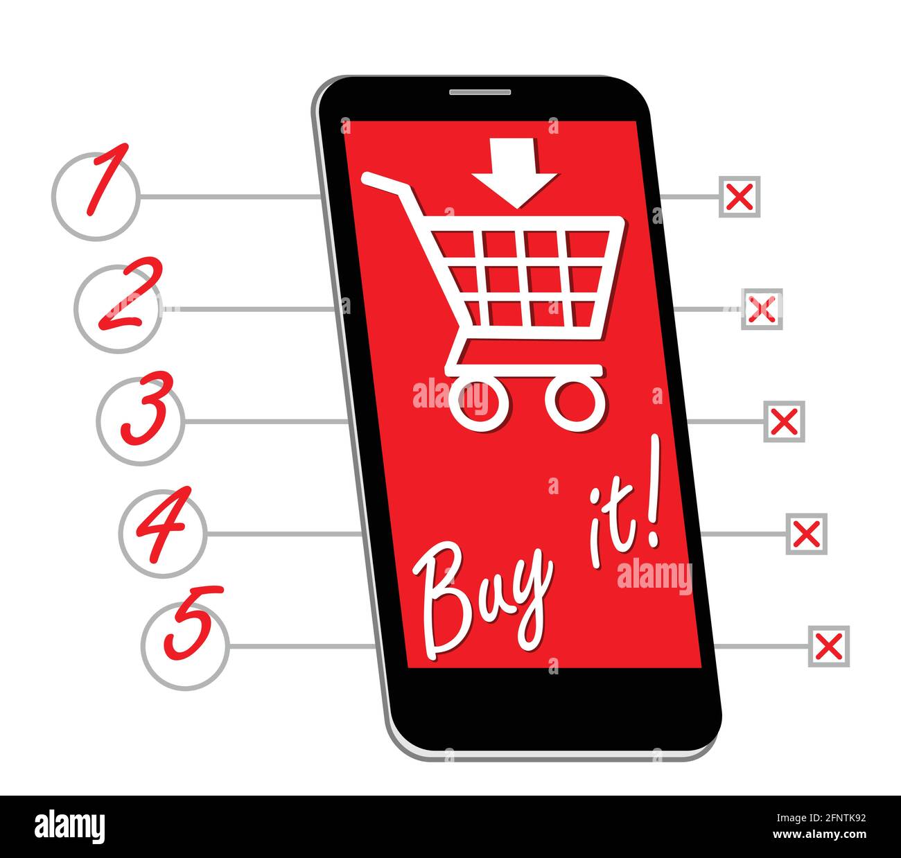 Smartphone with shopping cart, buy it inscription designed as shopping list with lines and numbers, EPS 10 vector Stock Vector