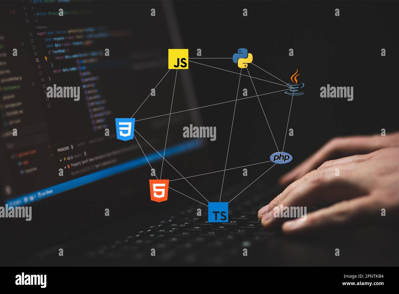 Person programming on computer with variety of programming languages ...
