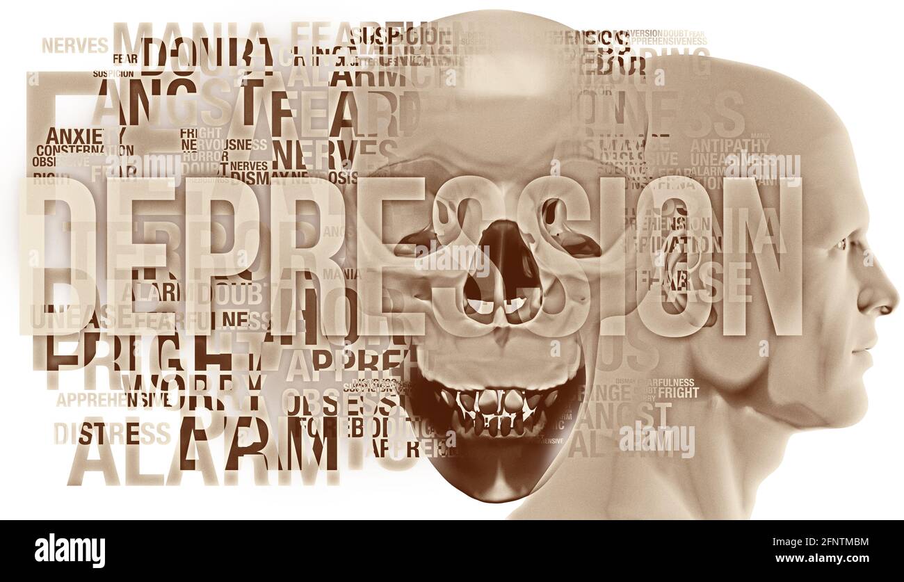 A side human figure surrounded their negative thoughts of depression. The spectre of a large skull overlaps numerous large semi-transparent depression Stock Photo