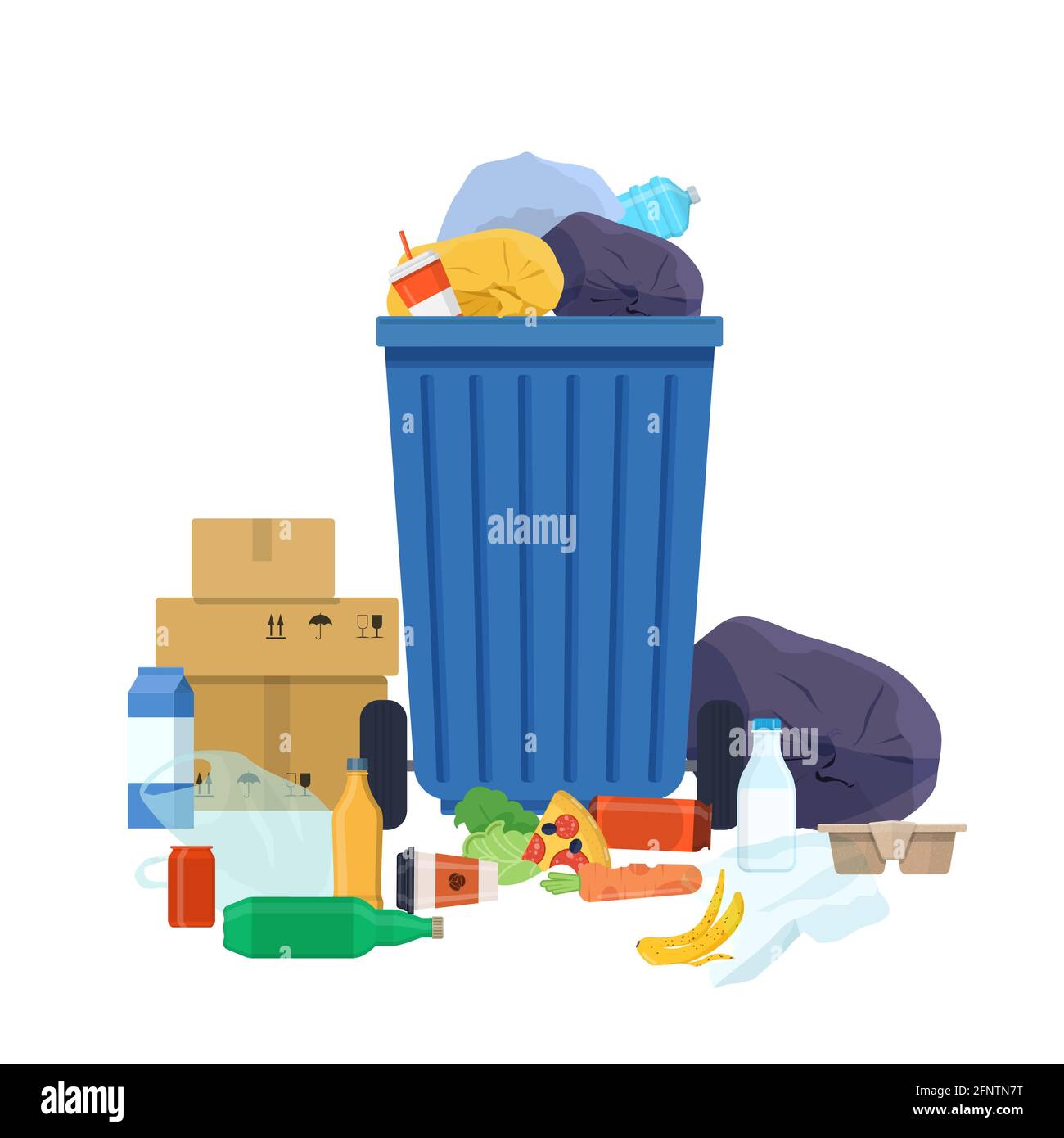 Overflowing garbage bin and various rubbish. Plastic bags, old packaging, bottles, food leftovers and cardboard lie nearby. Vector illustration in fla Stock Vector