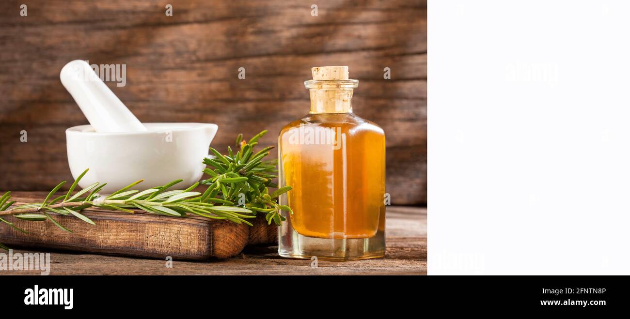 Rosmarinus officinalis - Rosemary leaves and oil Stock Photo - Alamy