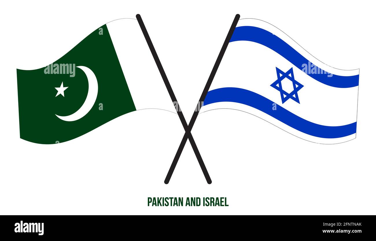 Pakistan and israel flags crossed and waving flat style official