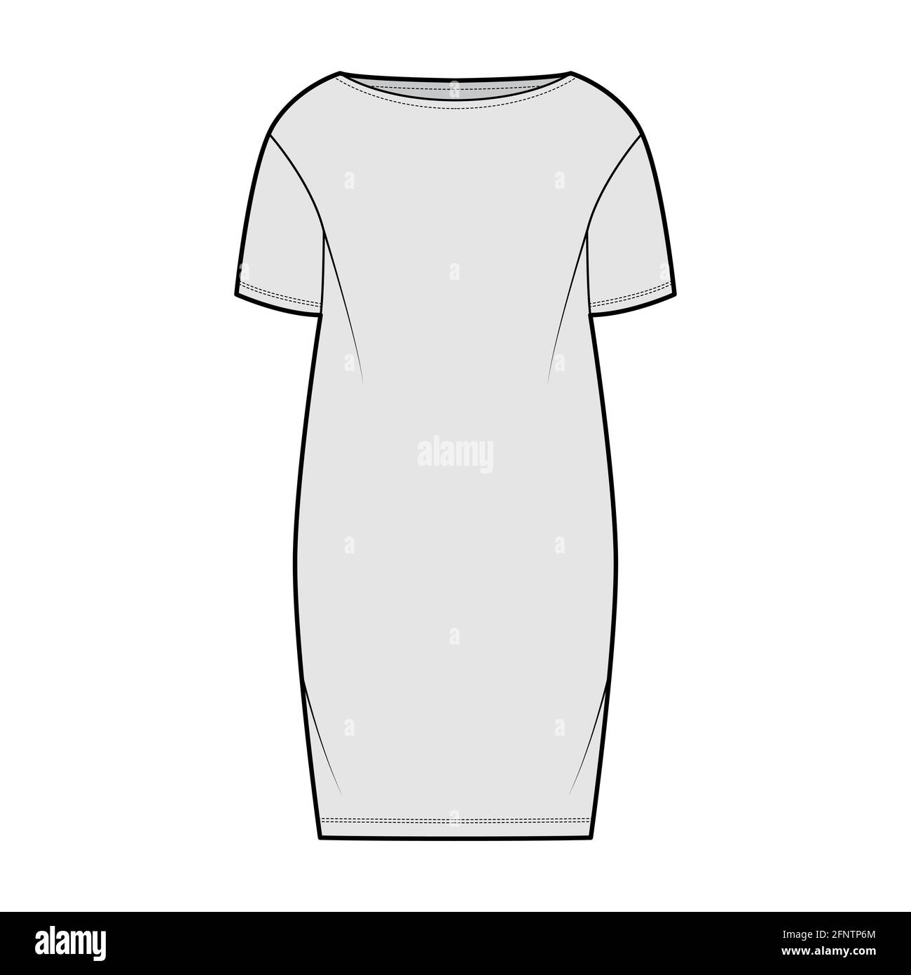 Dress sack slouchy technical fashion illustration with short sleeves, oversized body, knee length pencil skirt. Flat apparel front, grey color style. Women, men unisex CAD mockup Stock Vector