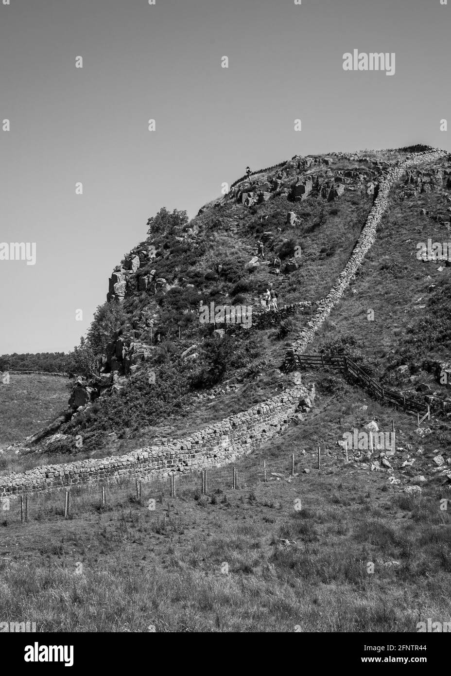 Northumberland UK: Hadrians Wall built on tall cliffs (Roman Wall) on a ...