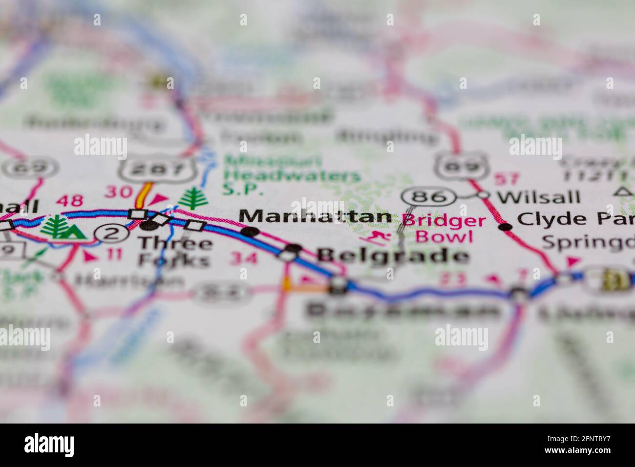 Manhattan Montana USA shown on a Geography map or road map Stock Photo