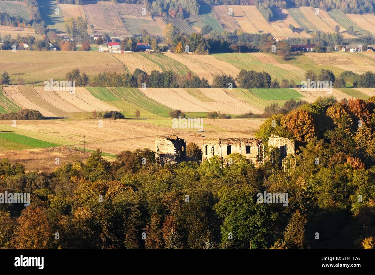 Rural landscape with view on ruins of the castle in Bodzentyn, Swietokrzyskie province, Poland. Scenic view of valley and colorful fields on the hills Stock Photo