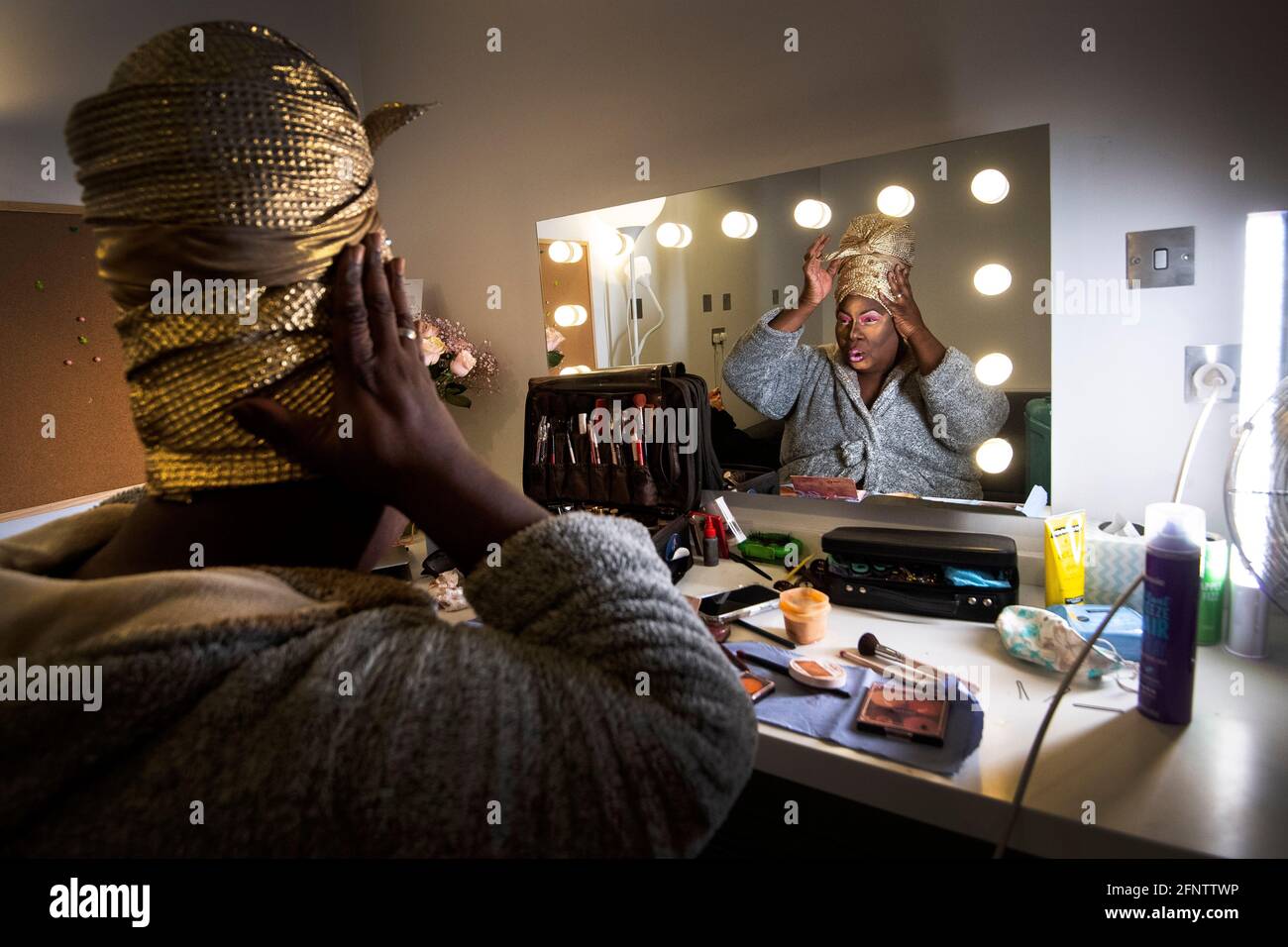 Latrice Royale From Rupaul S Drag Race Star Of West End Comedy Death Drop Puts On A Turban In Her Dressing Room At The Garrick Theatre London As The Theatre Prepares To Re Open