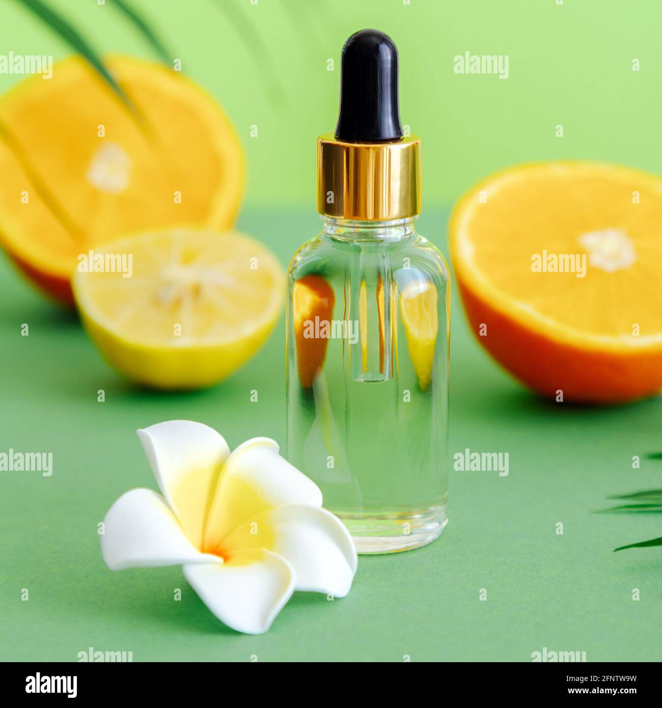 Cosmetic serum Vitamin C in glass bottle with pipette dropper citrus and plumeria flower. Orange essential oil citrus ingredients Vitamin C color Stock Photo