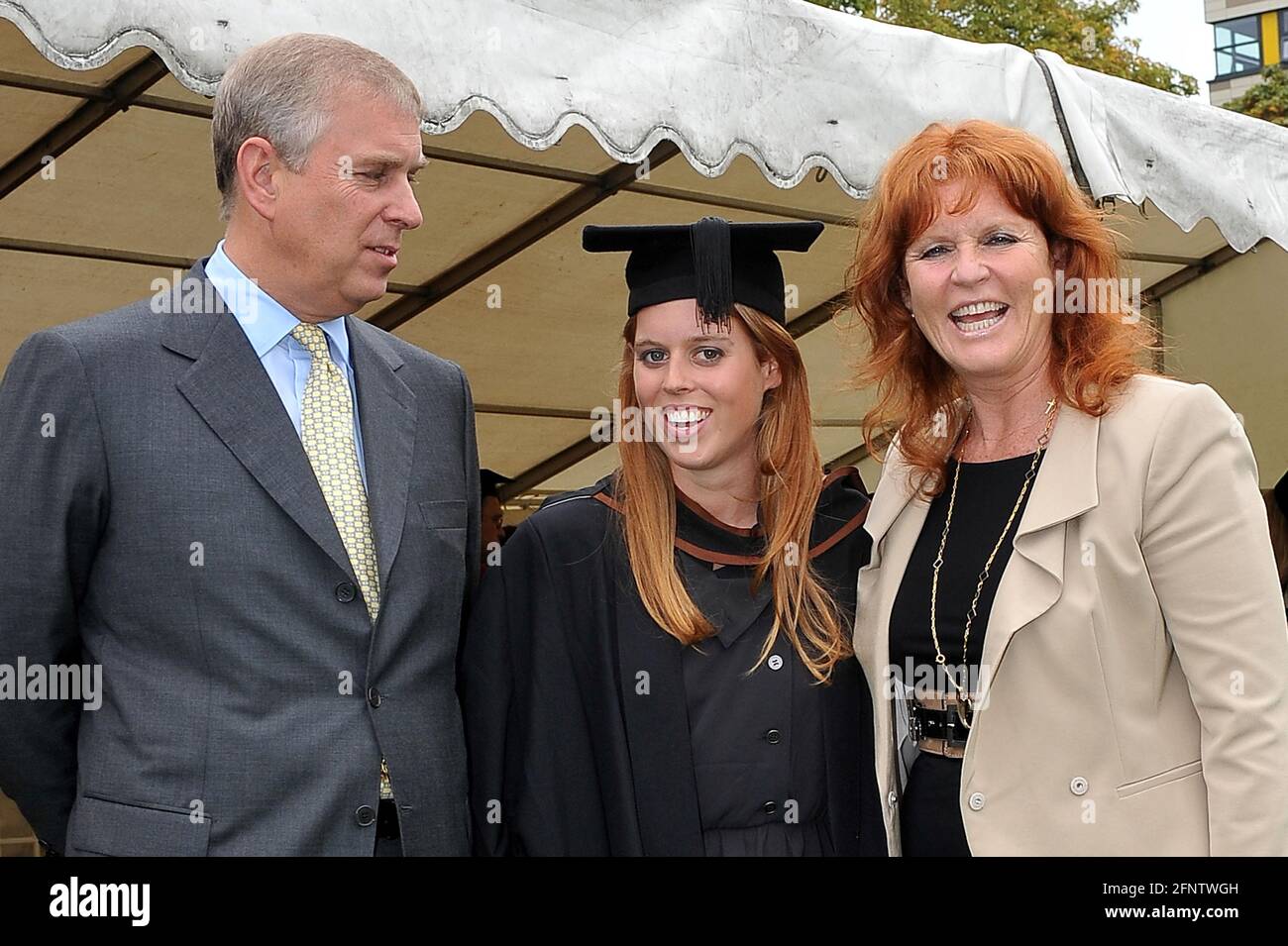 File photo dated 09/09/11 of the Duke York (left) and Sarah, Duchess of York (right) with their daughter, Princess Beatrice (centre), following her graduation ceremony at Goldsmiths College, London. News of Princess Beatrice's pregnancy has made 2021 a bumper year for royal babies, with the youngster set to become the Queen's 12th great-grandchild. Issue date: Wednesday May 19, 2021. Stock Photo