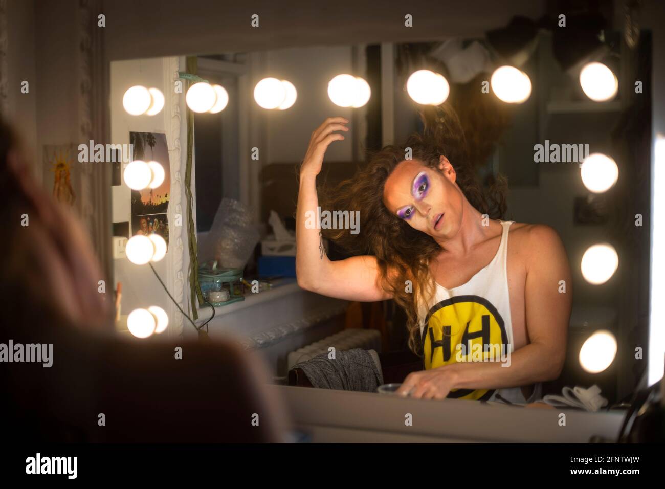 Willam From Rupaul S Drag Race And Star Of West End Comedy Death Drop Flicks Her Hair As She Makes The Finishing Touches To Her Makeup In A Dressing Room At The Garrick