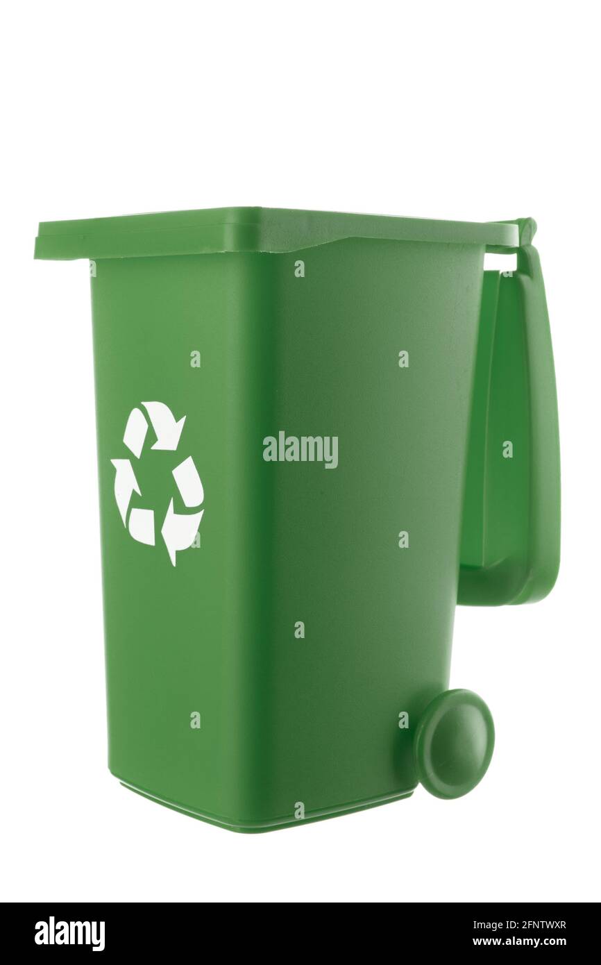Plastic green trash can isolated on white background Stock Photo Alamy