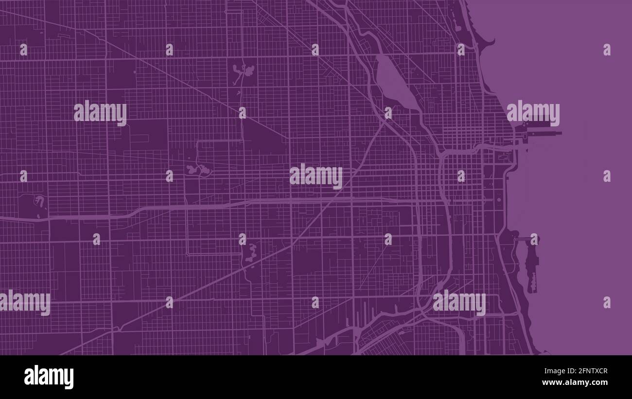 Purple Chicago city area vector background map, streets and water cartography illustration. Widescreen proportion, digital flat design streetmap. Stock Vector