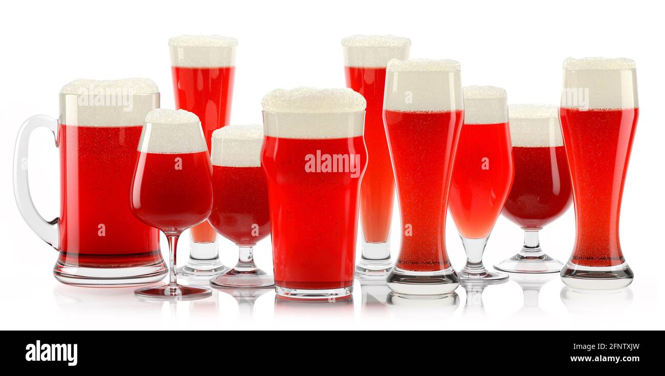 Set of fresh draft beer glasses with bubble froth isolated on white
