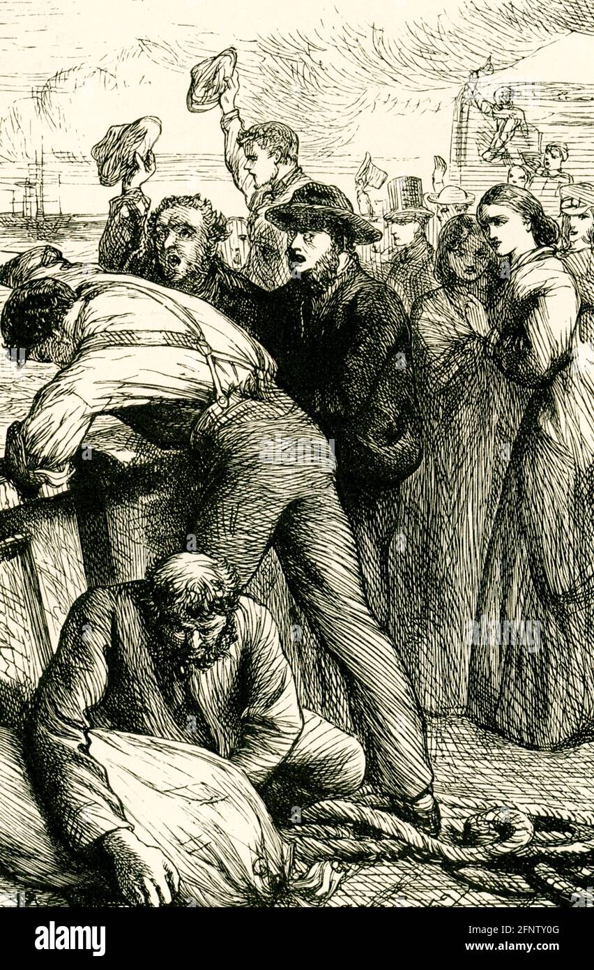 This illustration of “Emigrants” is taken from Charles Dickens’ work published in 1869 and titled “American Notes.” Stock Photo