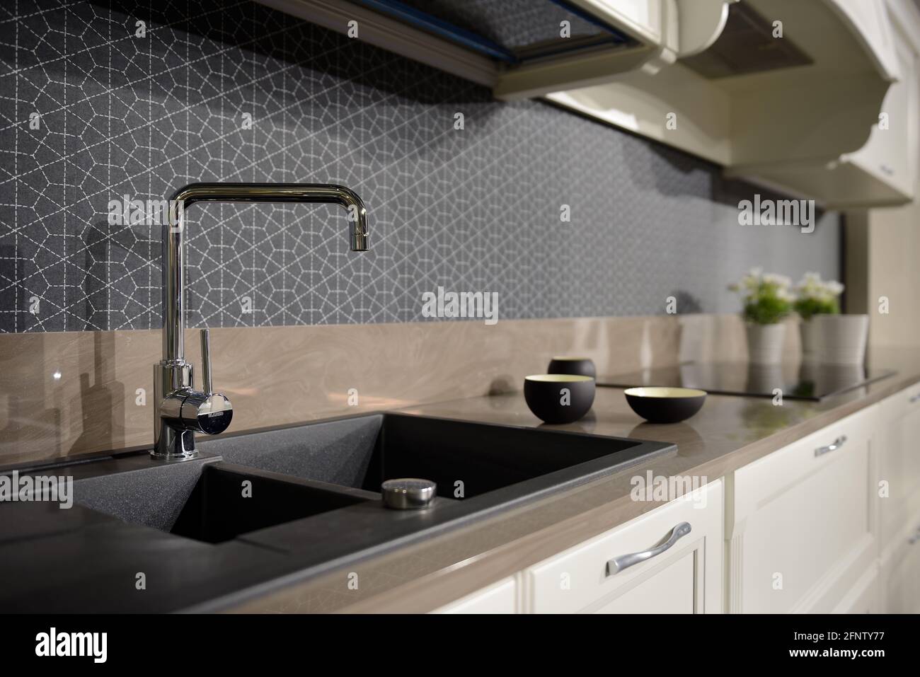 Clean Modern Kitchen. Minimalist decoration elements. Stock Photo