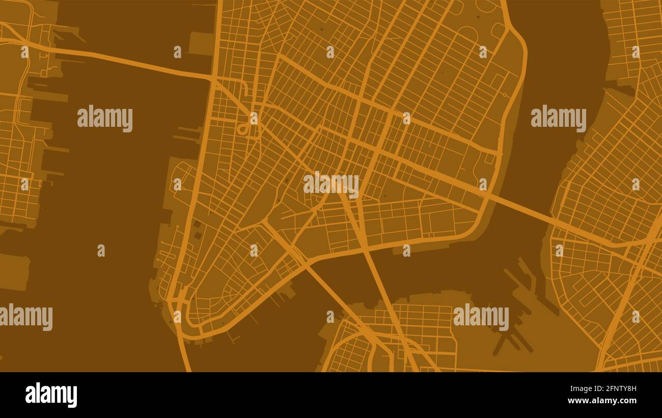Golden orange New York city area vector background map, streets and water cartography illustration. Widescreen proportion, digital flat design streetm Stock Vector