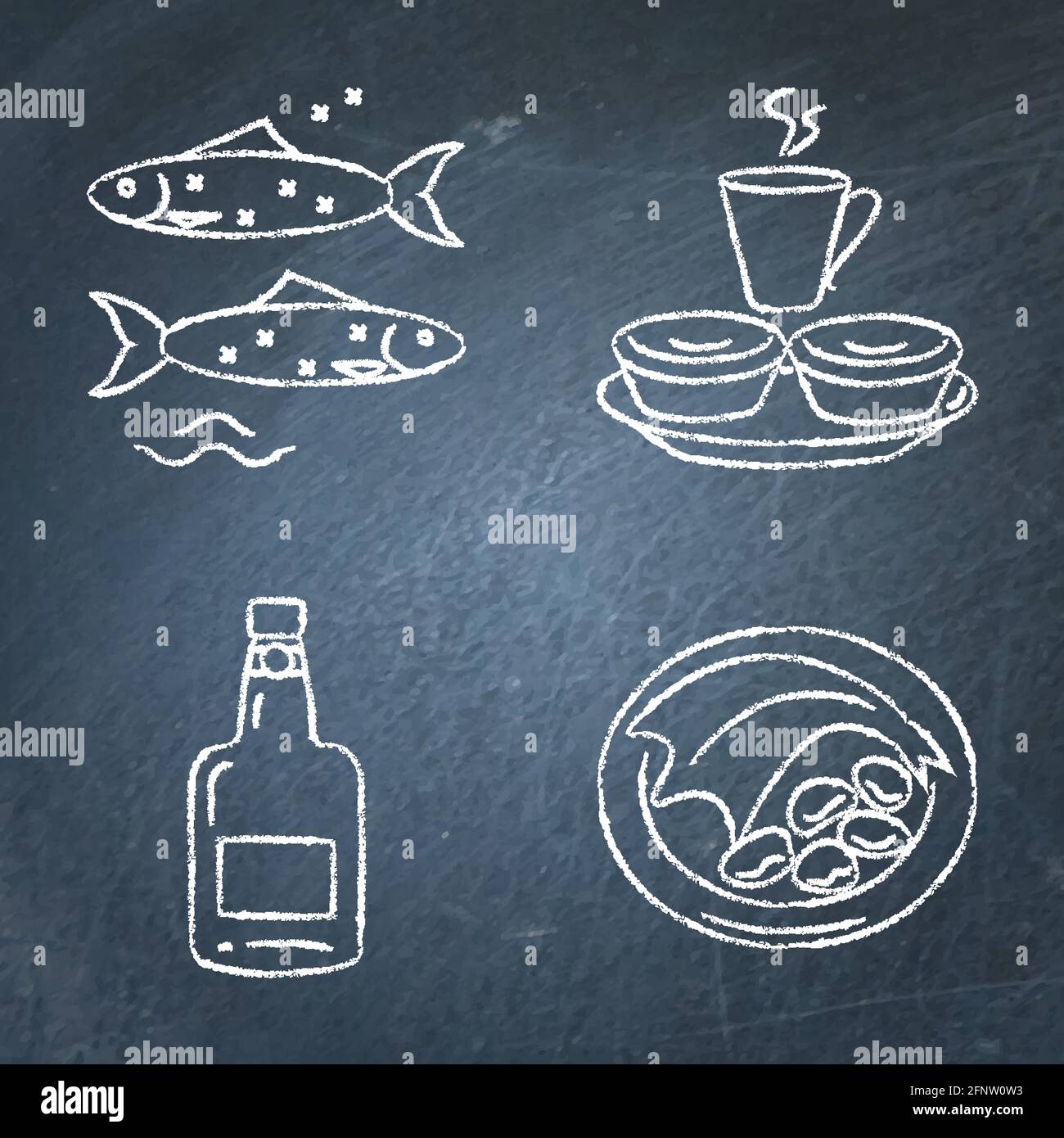 Collection of Portugal icons on chalkboard. Traditional cuisine symbols set including porto wine, bacalhau fish, pastel de nata tarts and sardines. Ve Stock Vector
