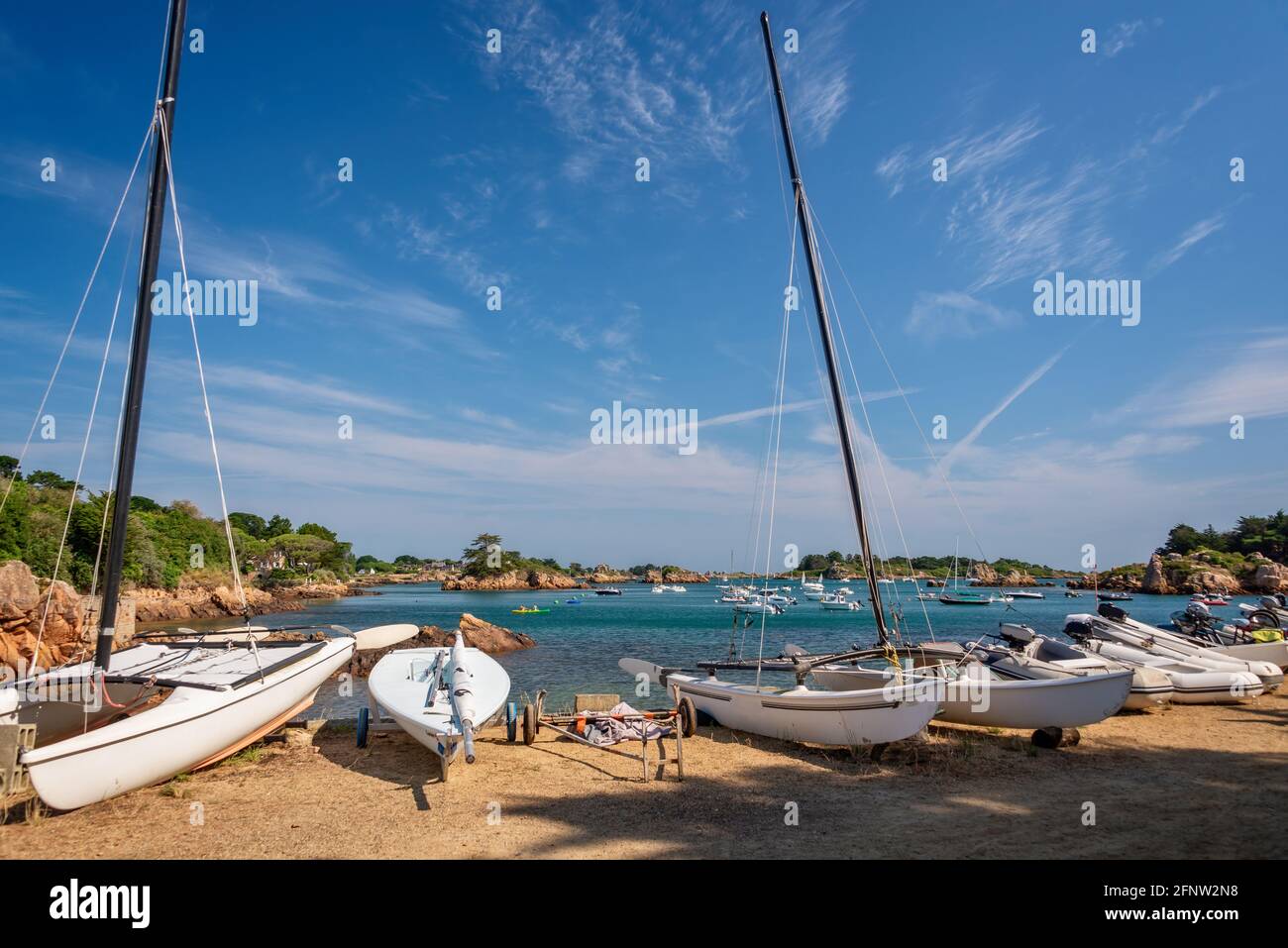 Sailboats on land on Bréhat island in Côtes d'Armor, Brittany, France Stock Photo