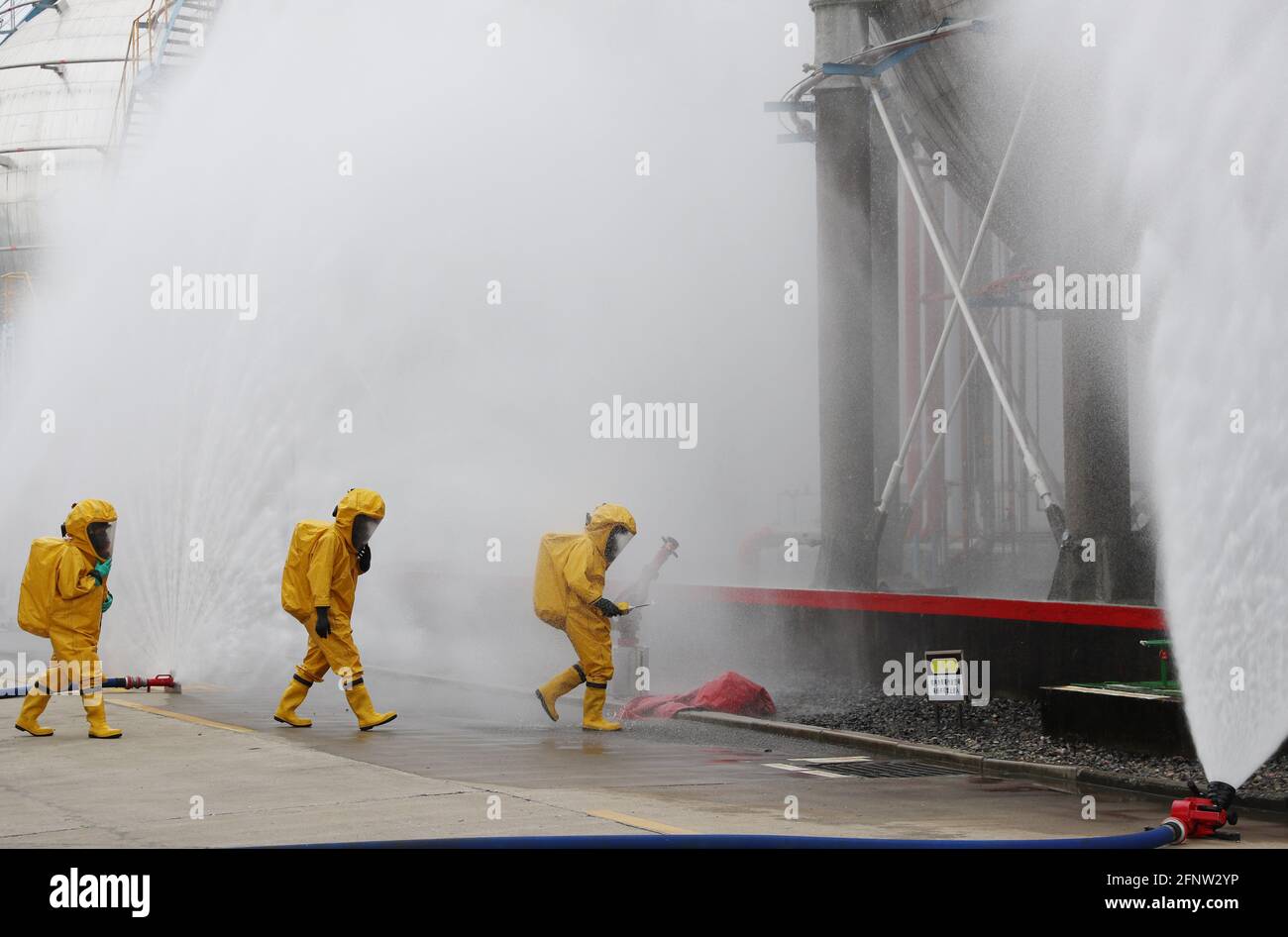 A fire drill of the leakage of butadiene spherical tank is held in ...
