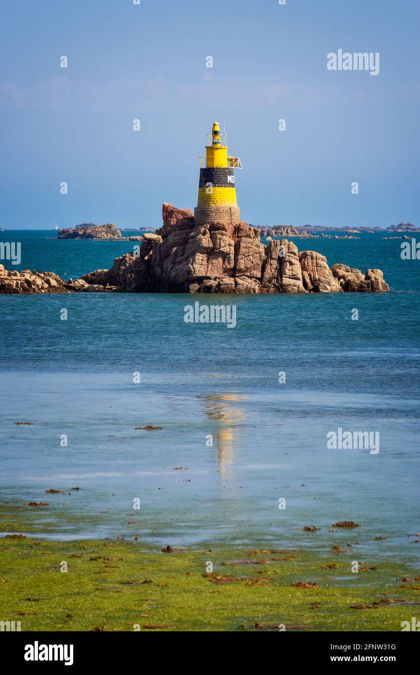 Men-Joliguet beacon (Tourelle de Men-Joliguet) on Bréhat island in Côtes d'Armor, Brittany, France Stock Photo