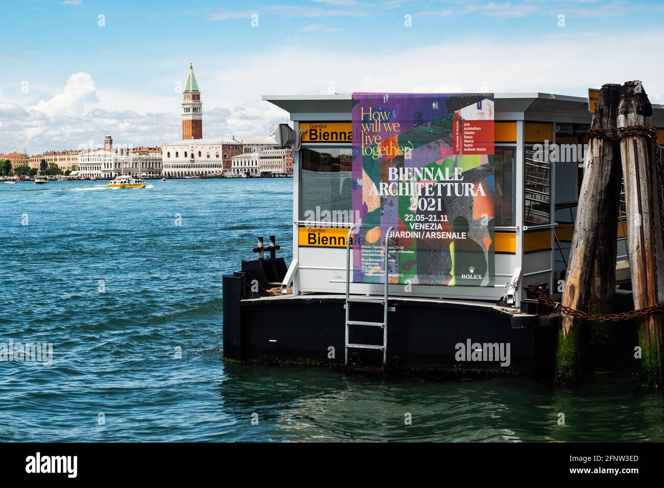 Venice, Italy. 19th May, 2021. A sign of the Biennale Architettura 2021 is seen during the press preview of the 2021 Biennale Architecture, 'How will we live together?', on 15th May in Venice, Italy. The Venice Biennale Architecture will open on 22nd of May until 21st of November,after the pandemic for Coivd-19 . © Simone Padovani / Awakening / Alamy Live News Stock Photo