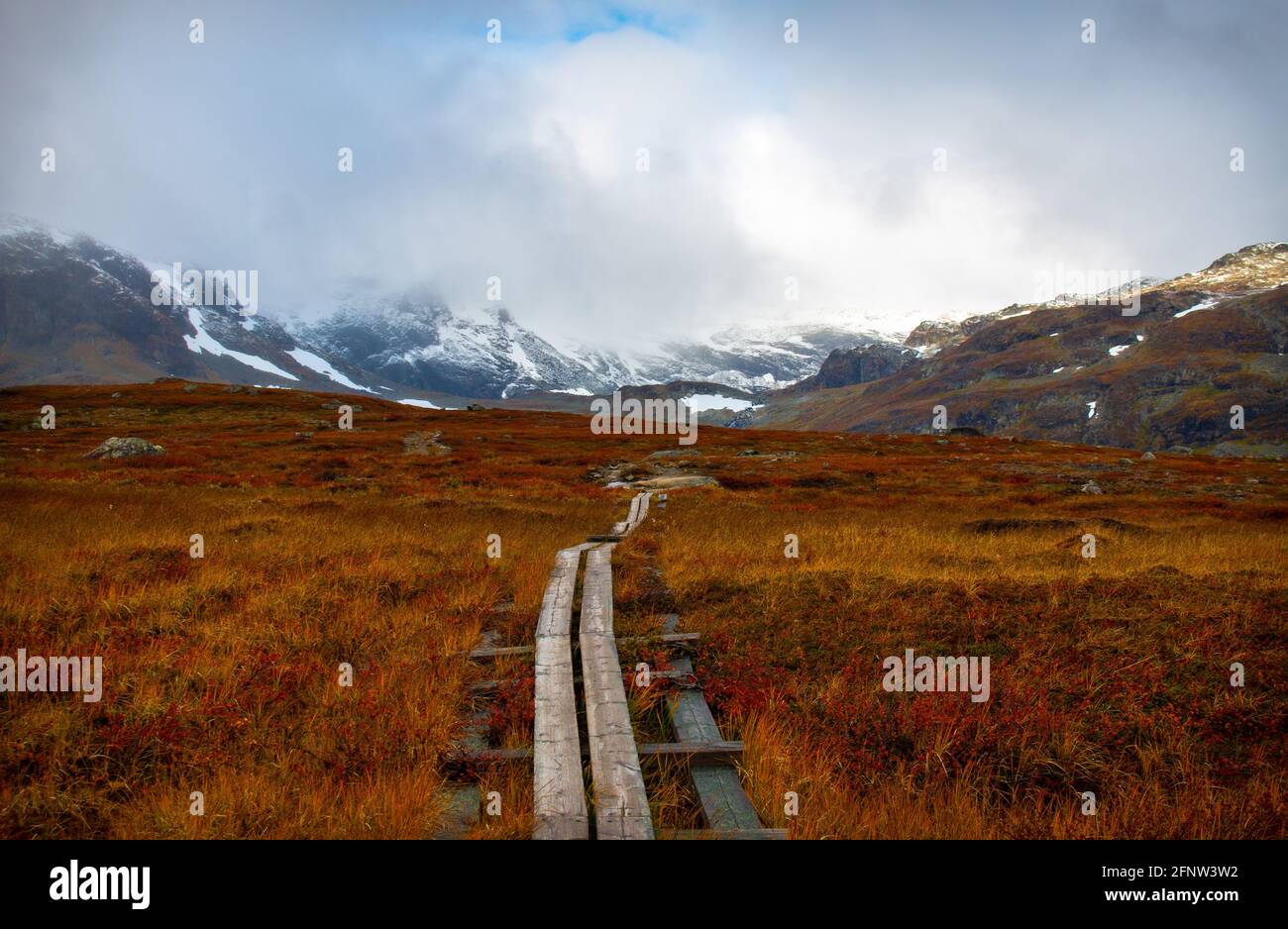 Swampy parts of Kungsleden trail with a wooden path, hiking in September, Lapland, Sweden Stock Photo