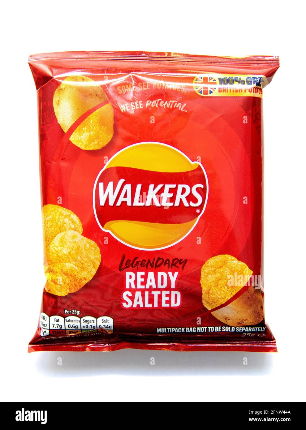 A packet of Walkers legendary ready salted potato crisps on a white background Stock Photo