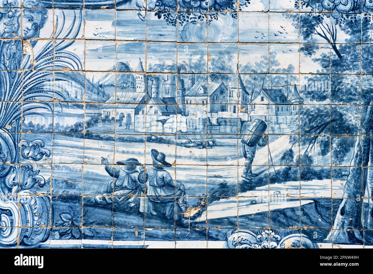 Wandbild aus typischen blauen Fliesen Azulejos in der Kathedrale Sé do Porto, Porto, Portugal, Europa   |  Wall with traditional blue Clay Tiles Azule Stock Photo