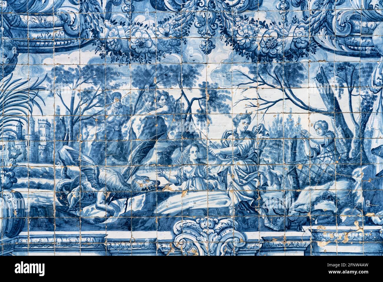 Wandbild aus typischen blauen Fliesen Azulejos in der Kathedrale Sé do Porto, Porto, Portugal, Europa   |  Wall with traditional blue Clay Tiles Azule Stock Photo