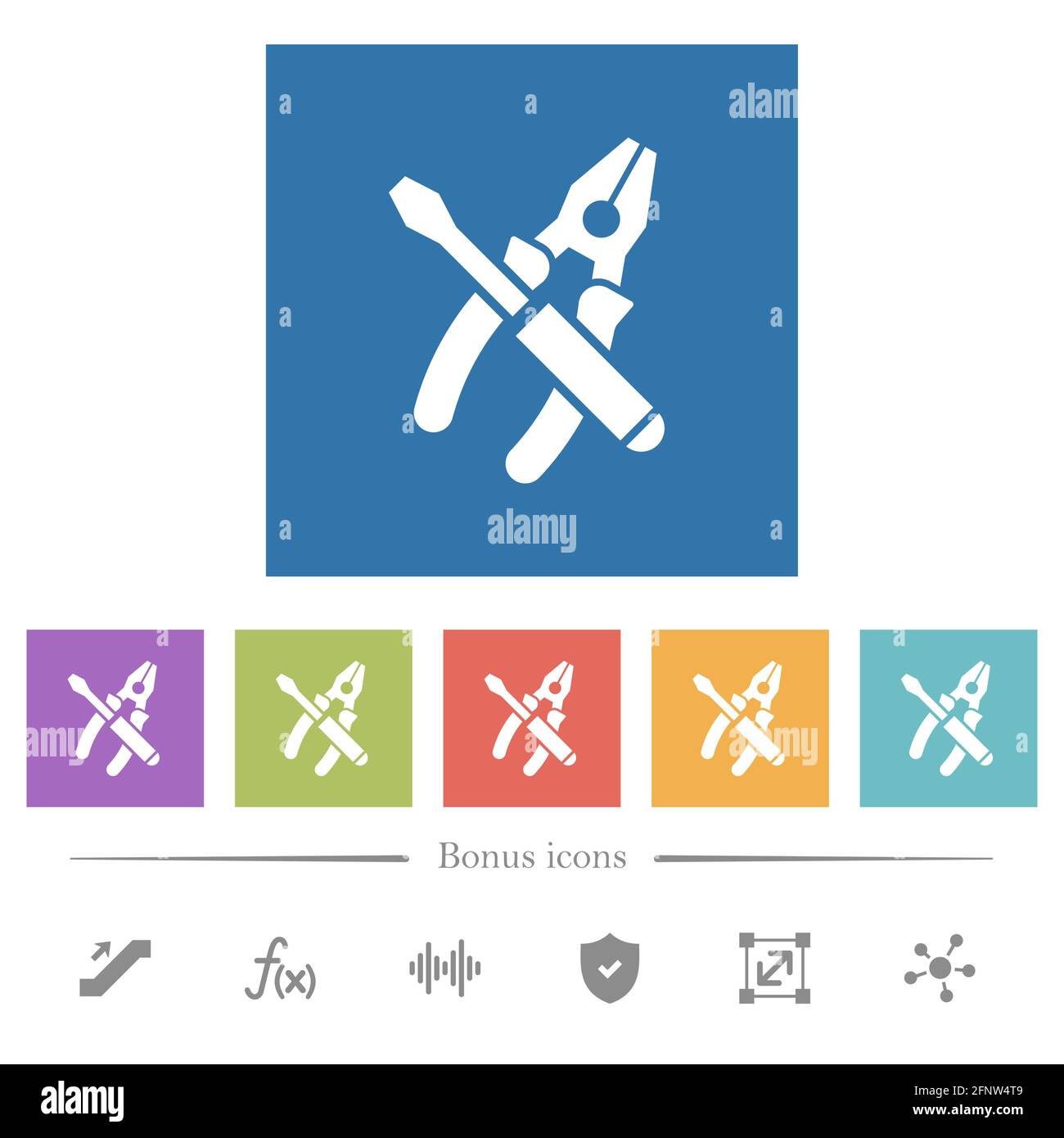 Combined pliers and screwdriver flat white icons in square backgrounds