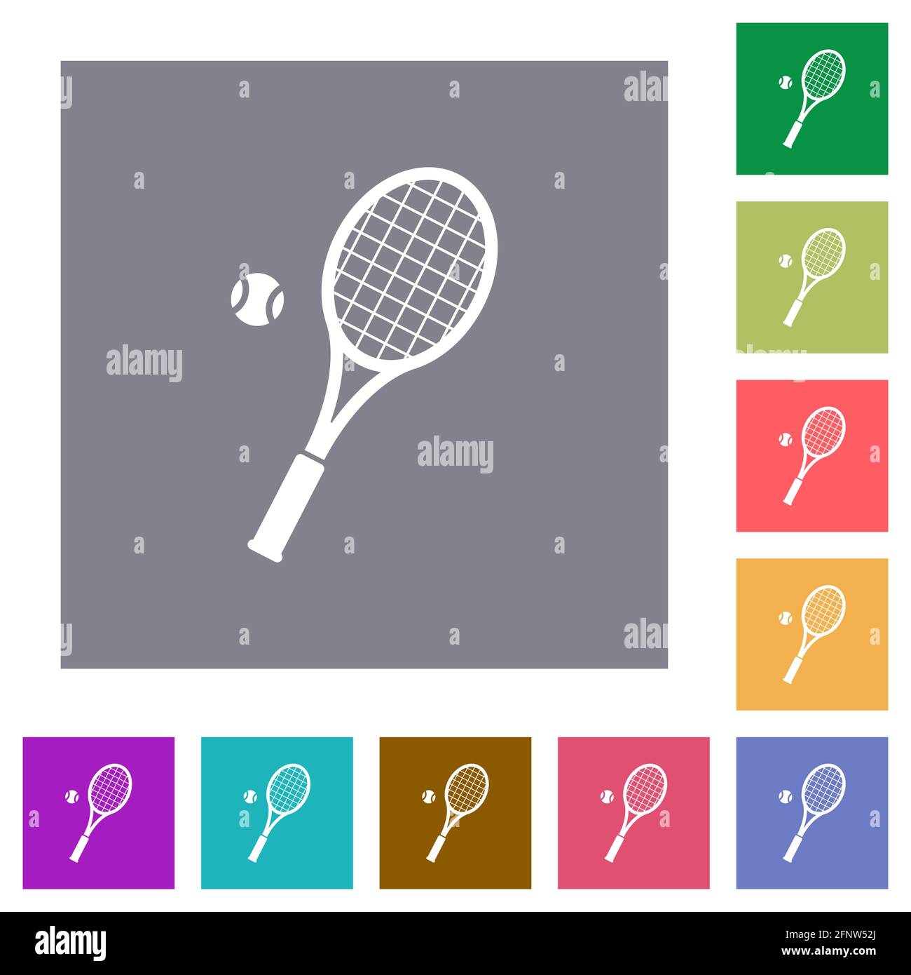 Tennis racket with ball flat icons on simple color square backgrounds ...