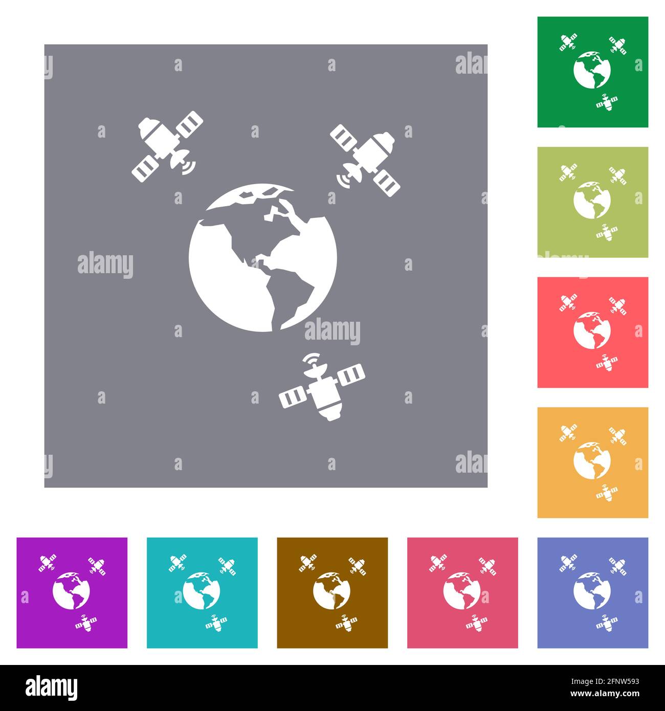 Satellite communication flat icons on simple color square backgrounds ...
