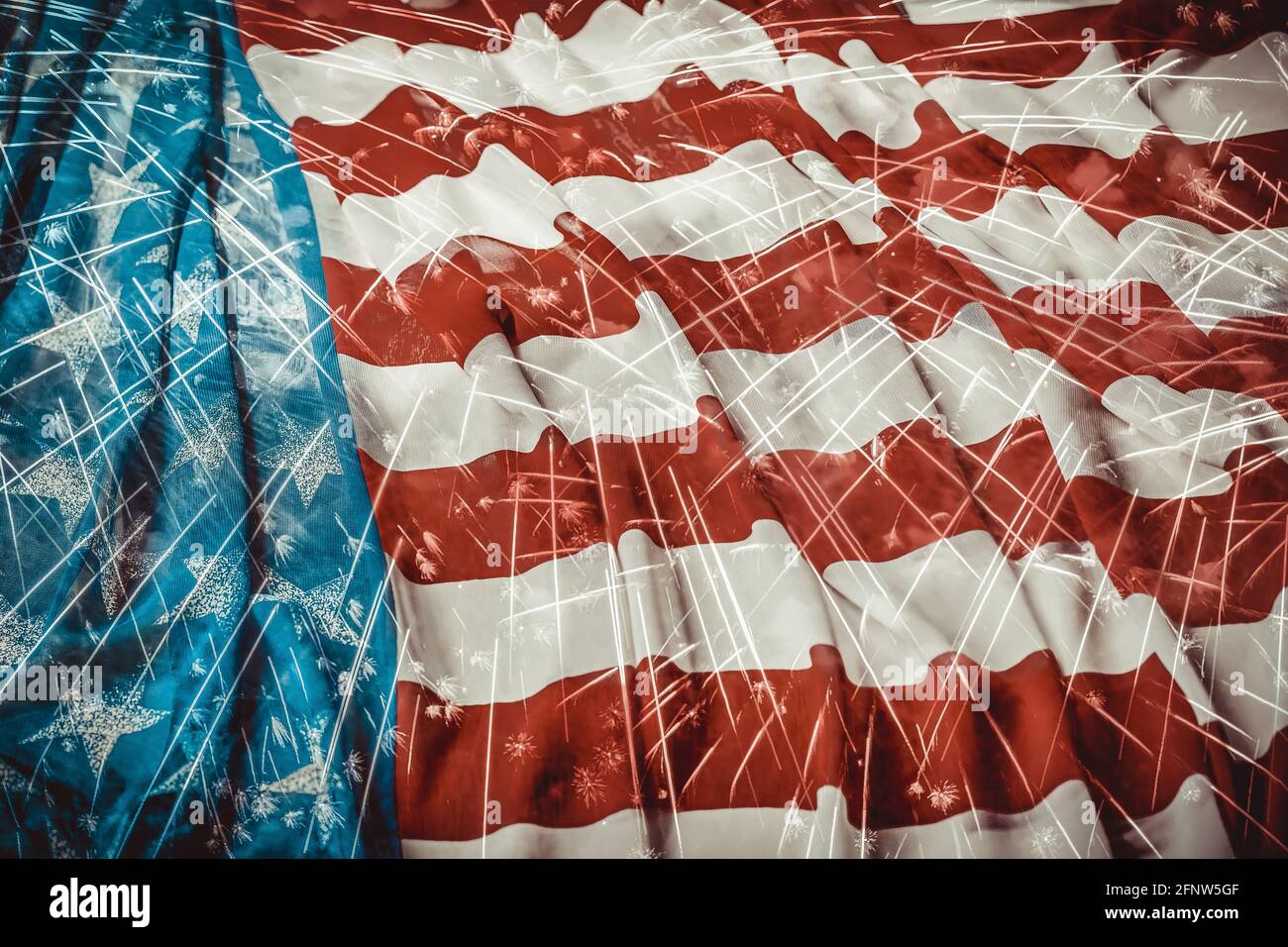 Vintage Usa Flag close-up and Double Exposure Of Firework Display. Independence day concept Stock Photo