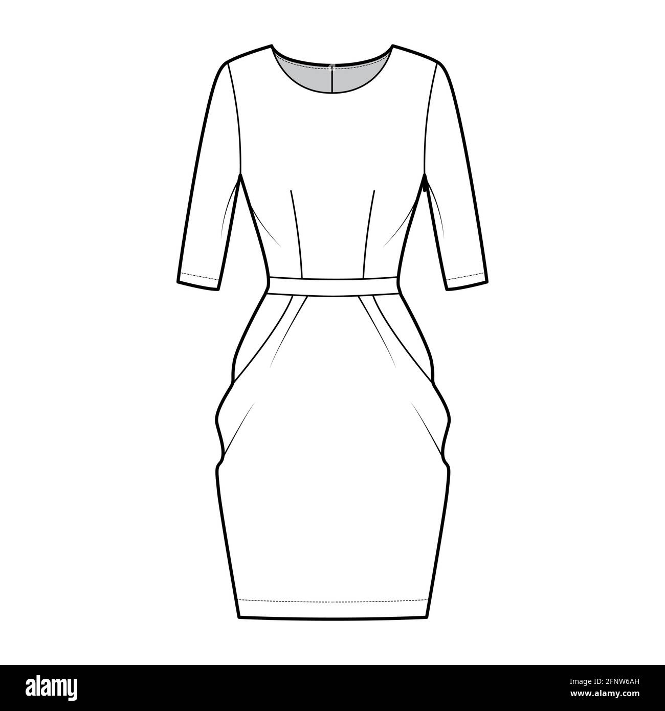 Dress tulip technical fashion illustration with elbow sleeves, fitted body,  knee length peg-top pencil skirt. Flat apparel front, white color style.  Women, men unisex CAD mockup Stock Vector Image & Art -