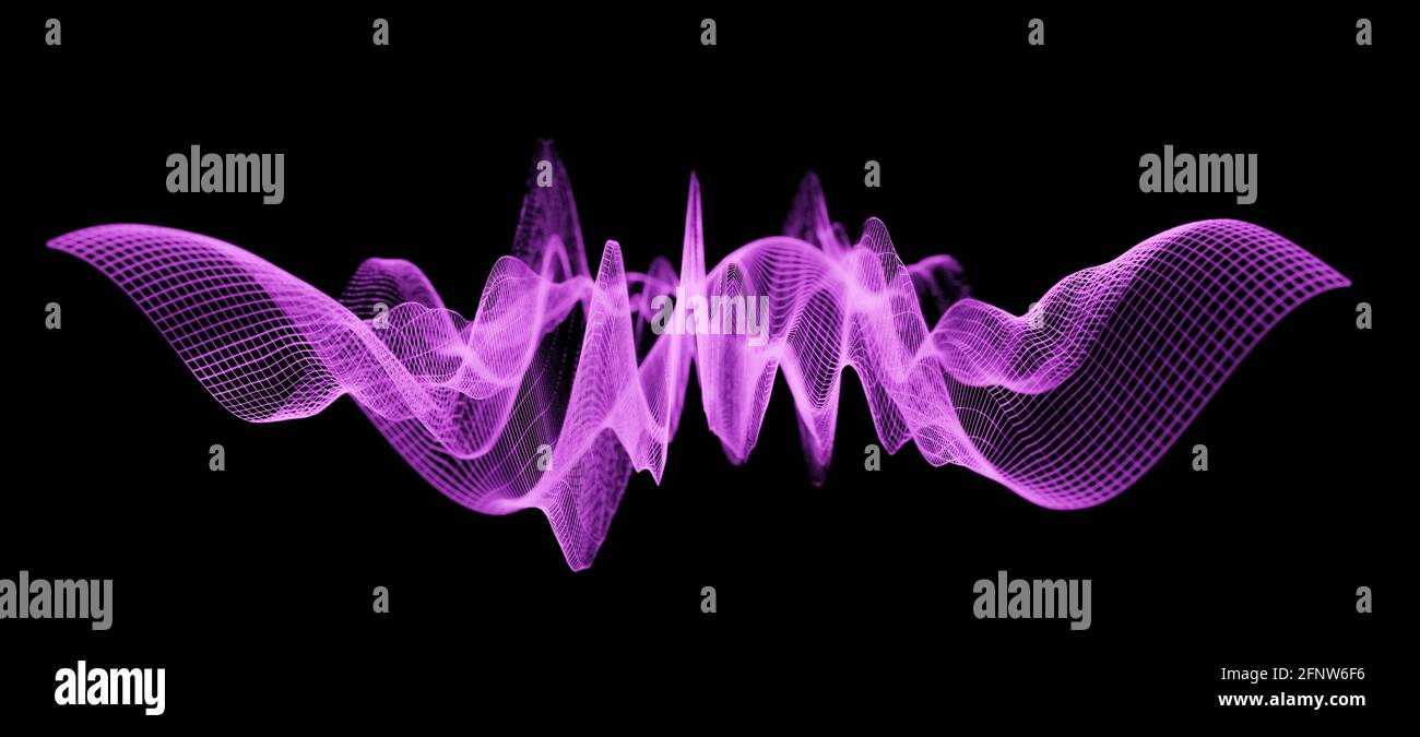 Equalizer sound waves or purple audio waves, visualization as abstract wireframe mesh structure on dark black background, science or research concept Stock Photo