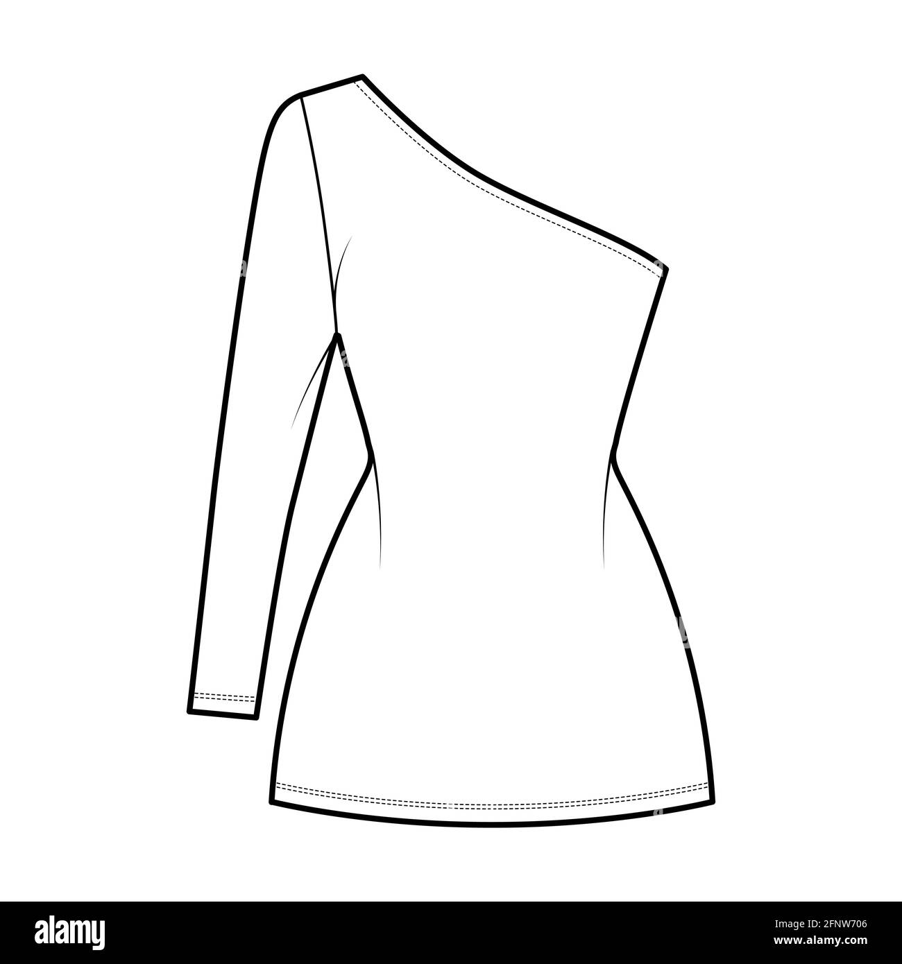 Dress one shoulder technical fashion illustration with long sleeve, fitted body, mini length pencil skirt. Flat apparel front, white color style. Women, men unisex CAD mockup Stock Vector