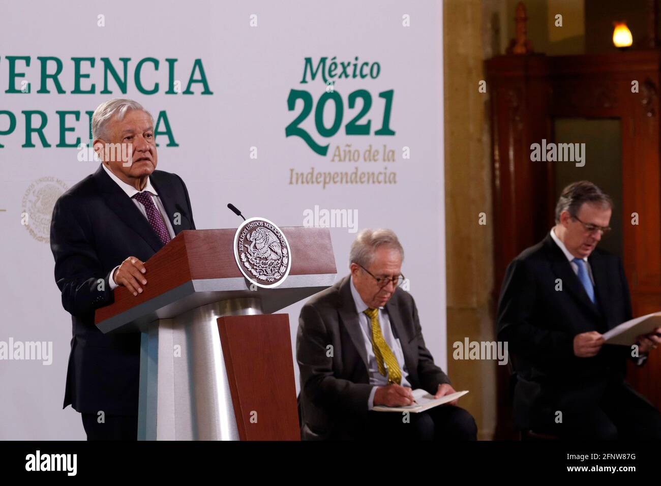Non Exclusive: MEXICO CITY, MEXICO - MAY 18:  Mexico’s President Andres Manuel Lopez Obrador, accompanied by Mexico's Health Minister Jorge Alcocer Va Stock Photo